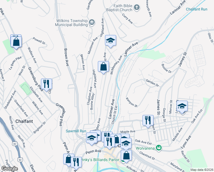 map of restaurants, bars, coffee shops, grocery stores, and more near 568 Negley Avenue in Turtle Creek