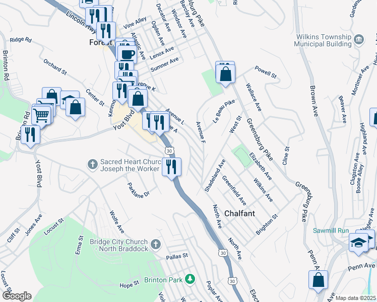 map of restaurants, bars, coffee shops, grocery stores, and more near 340 Avenue A in Pittsburgh