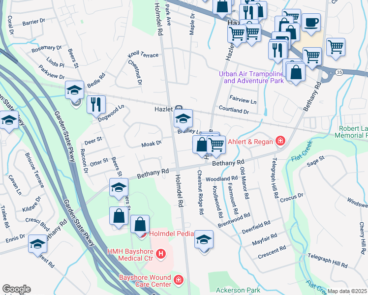map of restaurants, bars, coffee shops, grocery stores, and more near 675 Holmdel Road in Hazlet