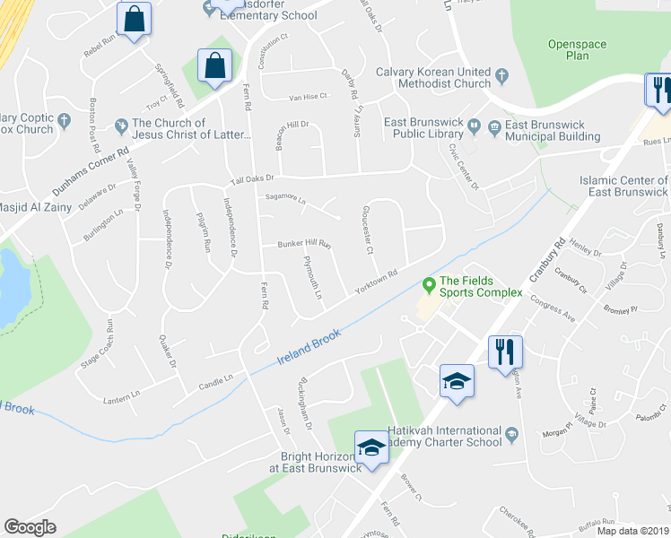 map of restaurants, bars, coffee shops, grocery stores, and more near 24 Bunker Hill Run in East Brunswick