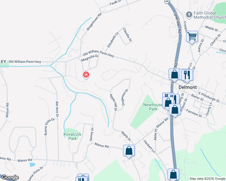 map of restaurants, bars, coffee shops, grocery stores, and more near 249 Apple Hill Drive in Delmont