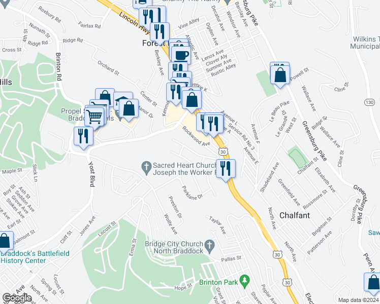 map of restaurants, bars, coffee shops, grocery stores, and more near 50 Marwood Avenue in Pittsburgh