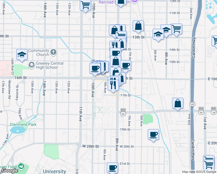 map of restaurants, bars, coffee shops, grocery stores, and more near 1628 9th Avenue in Greeley
