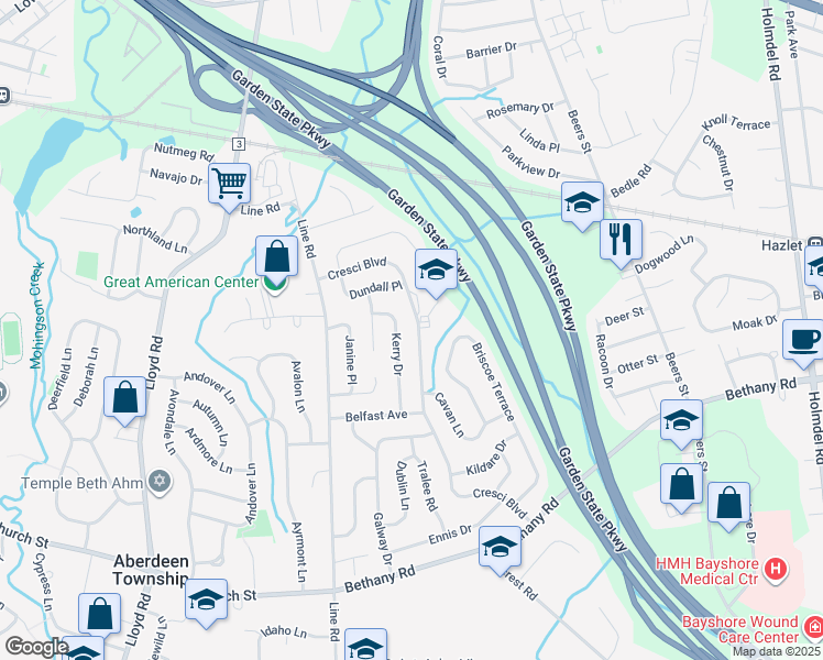 map of restaurants, bars, coffee shops, grocery stores, and more near 9 Kerry Drive in Hazlet