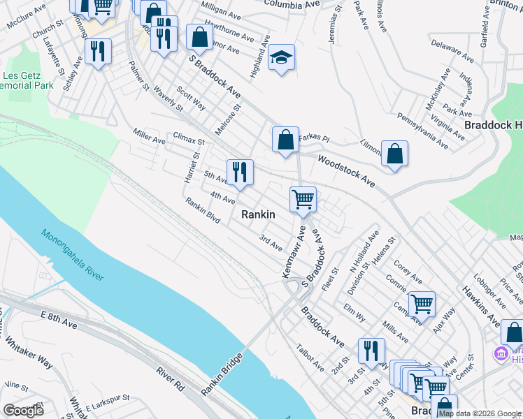 map of restaurants, bars, coffee shops, grocery stores, and more near in Rankin
