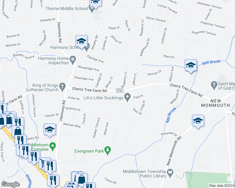 map of restaurants, bars, coffee shops, grocery stores, and more near 66 Cherry Tree Farm Road in Middletown Township