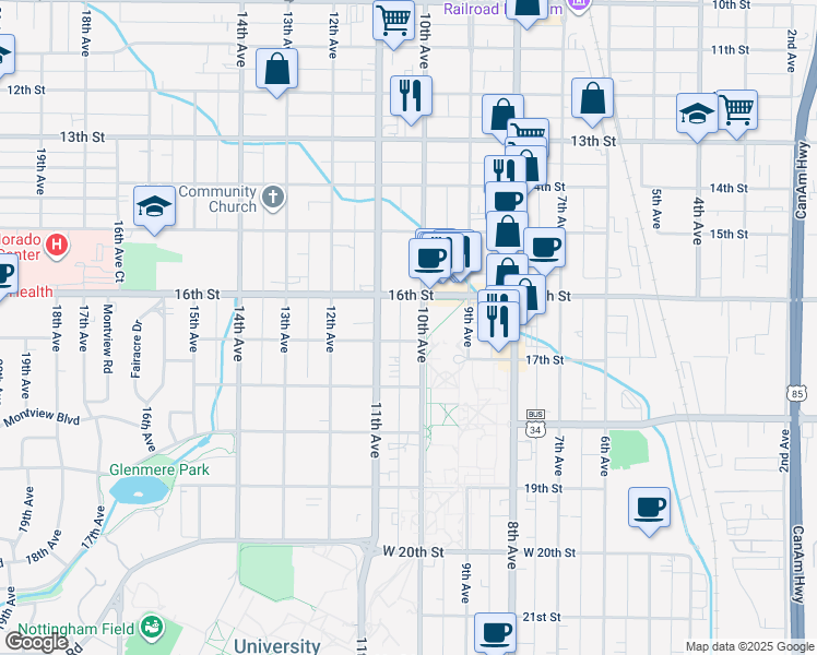 map of restaurants, bars, coffee shops, grocery stores, and more near 1617- 5 10th Avenue in Greeley