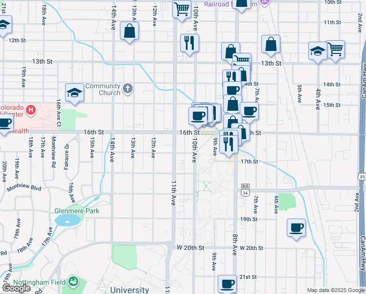 map of restaurants, bars, coffee shops, grocery stores, and more near 1617- 5 10th Avenue in Greeley