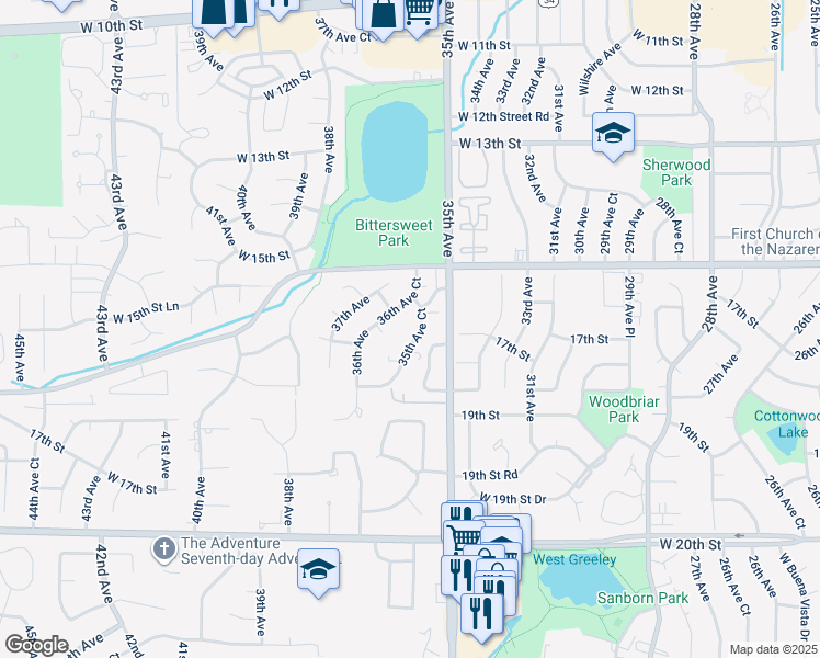 map of restaurants, bars, coffee shops, grocery stores, and more near 1642 35th Avenue Court in Greeley