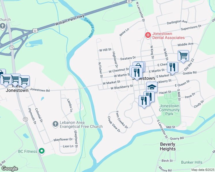 map of restaurants, bars, coffee shops, grocery stores, and more near 230 West Market Street in Jonestown