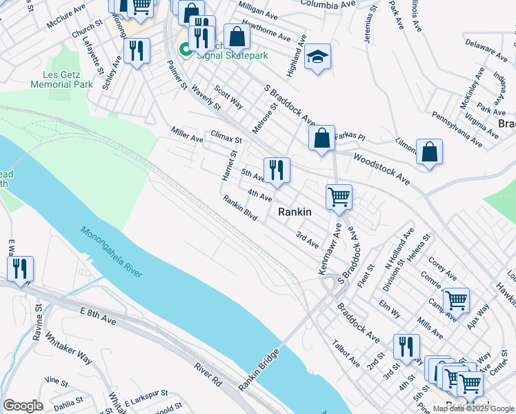 map of restaurants, bars, coffee shops, grocery stores, and more near in Rankin