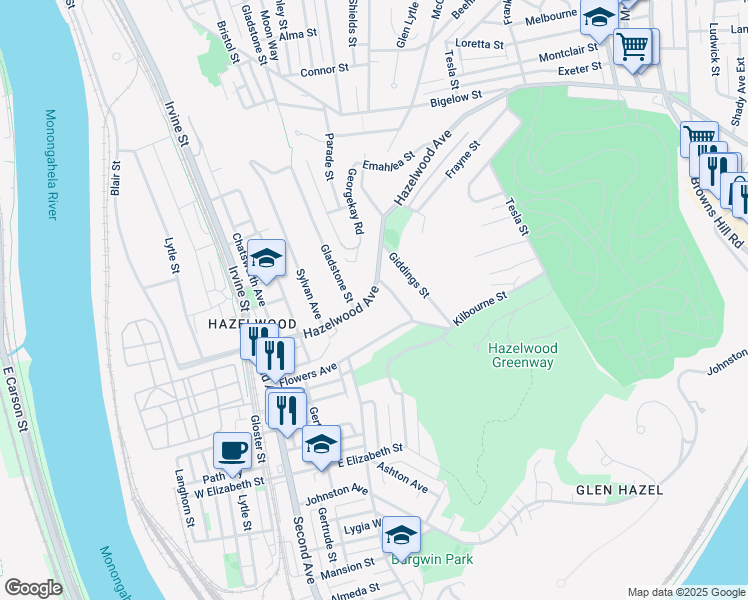 map of restaurants, bars, coffee shops, grocery stores, and more near 248 Hazelwood Avenue in Pittsburgh
