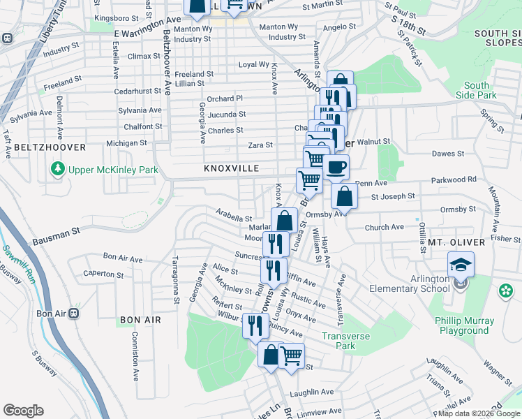 map of restaurants, bars, coffee shops, grocery stores, and more near 222 Mathews Avenue in Pittsburgh