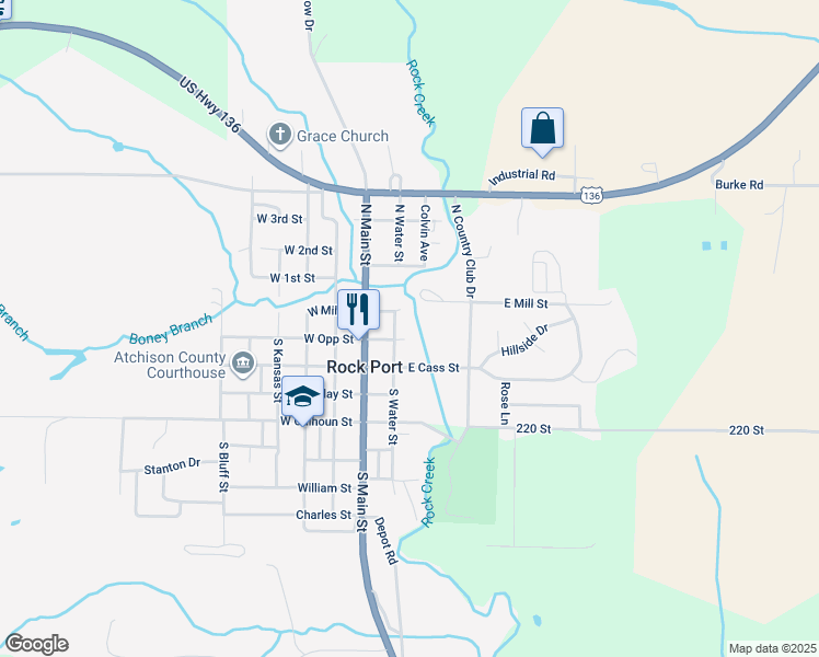 map of restaurants, bars, coffee shops, grocery stores, and more near 207 South Water Street in Rock Port