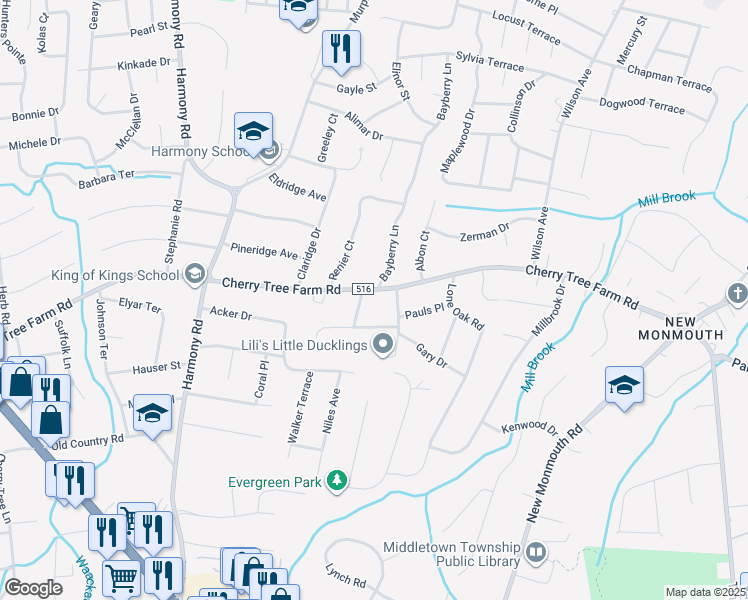 map of restaurants, bars, coffee shops, grocery stores, and more near 66 Cherry Tree Farm Road in Monmouth County
