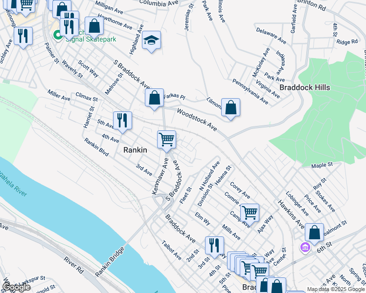 map of restaurants, bars, coffee shops, grocery stores, and more near 410 Furjanic Street in Rankin