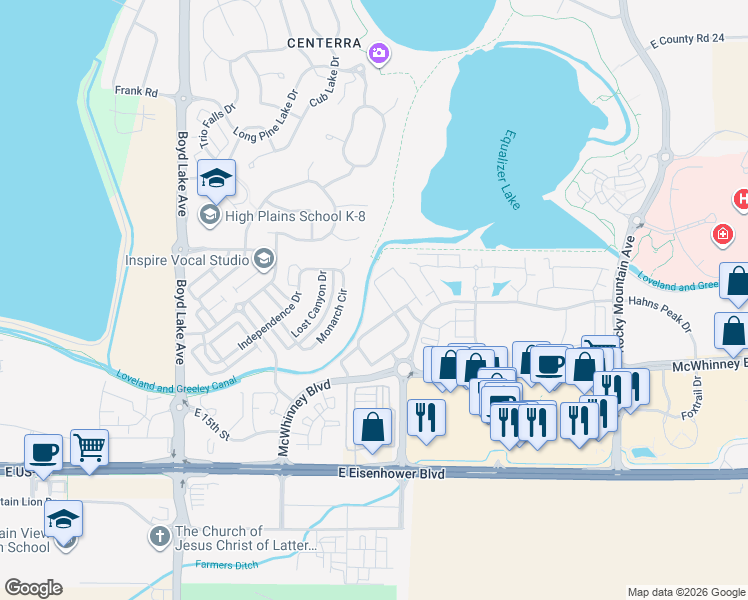 map of restaurants, bars, coffee shops, grocery stores, and more near 2115 Grays Peak Drive in Loveland