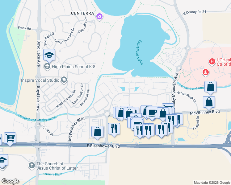 map of restaurants, bars, coffee shops, grocery stores, and more near 4615 Hahns Peak Drive in Loveland