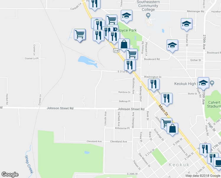map of restaurants, bars, coffee shops, grocery stores, and more near 26 Rainbo Drive in Keokuk