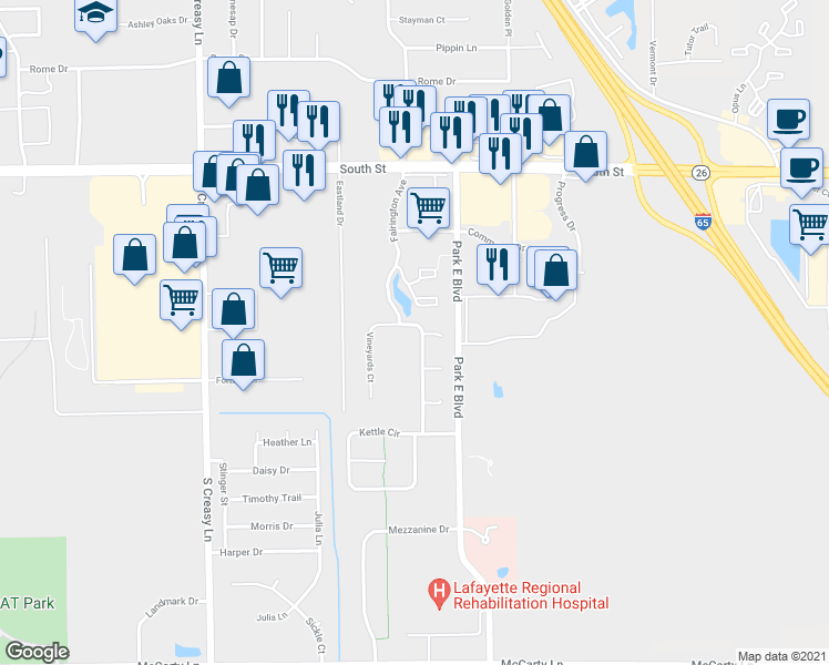 map of restaurants, bars, coffee shops, grocery stores, and more near 400 Fairington Avenue in Lafayette