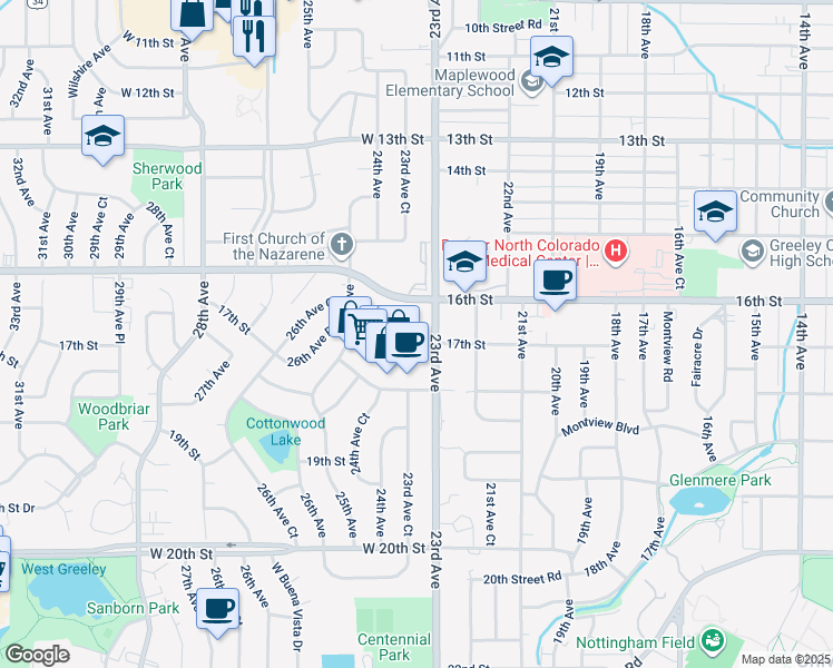 map of restaurants, bars, coffee shops, grocery stores, and more near 2300 W 16th St in Greeley