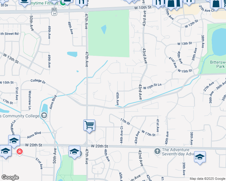 map of restaurants, bars, coffee shops, grocery stores, and more near 4477 Pioneer Drive in Greeley