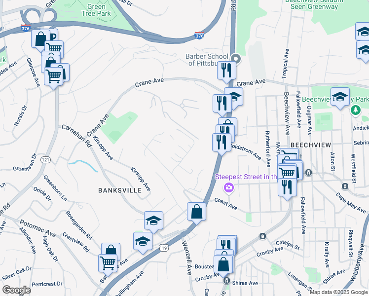 map of restaurants, bars, coffee shops, grocery stores, and more near 1538 Roseberry Street in Pittsburgh
