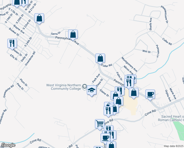 map of restaurants, bars, coffee shops, grocery stores, and more near 136 Ronnie Lane in Weirton