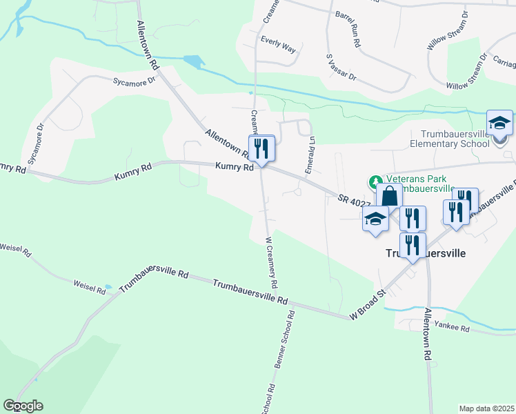 map of restaurants, bars, coffee shops, grocery stores, and more near 41 Creamery Road in Quakertown