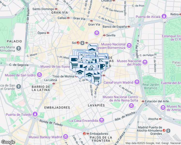 map of restaurants, bars, coffee shops, grocery stores, and more near 6 Calle de los Cañizares in Madrid