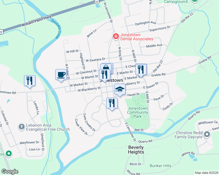 map of restaurants, bars, coffee shops, grocery stores, and more near in Jonestown