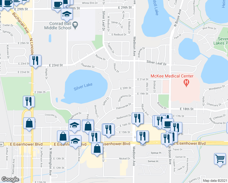 map of restaurants, bars, coffee shops, grocery stores, and more near 1026 Sitka Court in Loveland