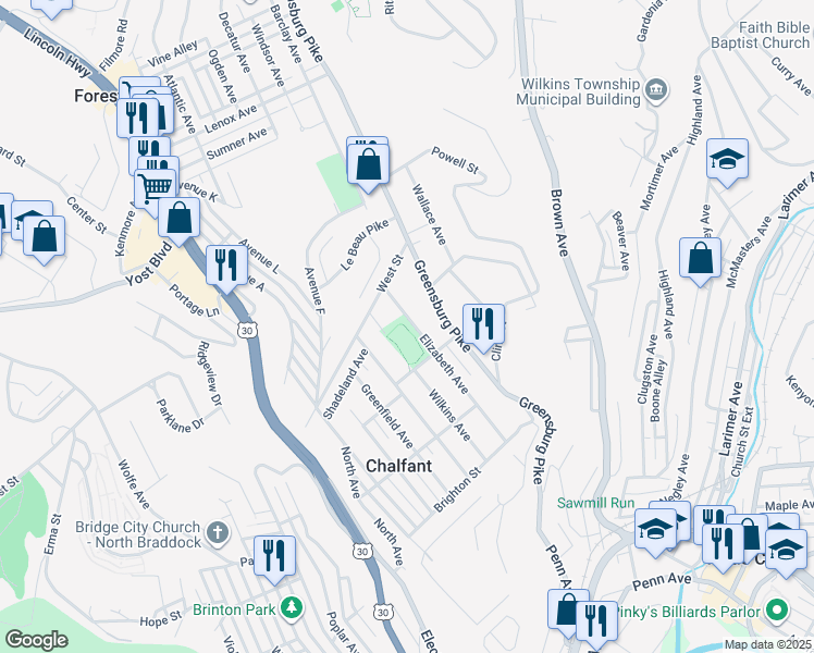 map of restaurants, bars, coffee shops, grocery stores, and more near 325 Elizabeth Avenue in East Pittsburgh