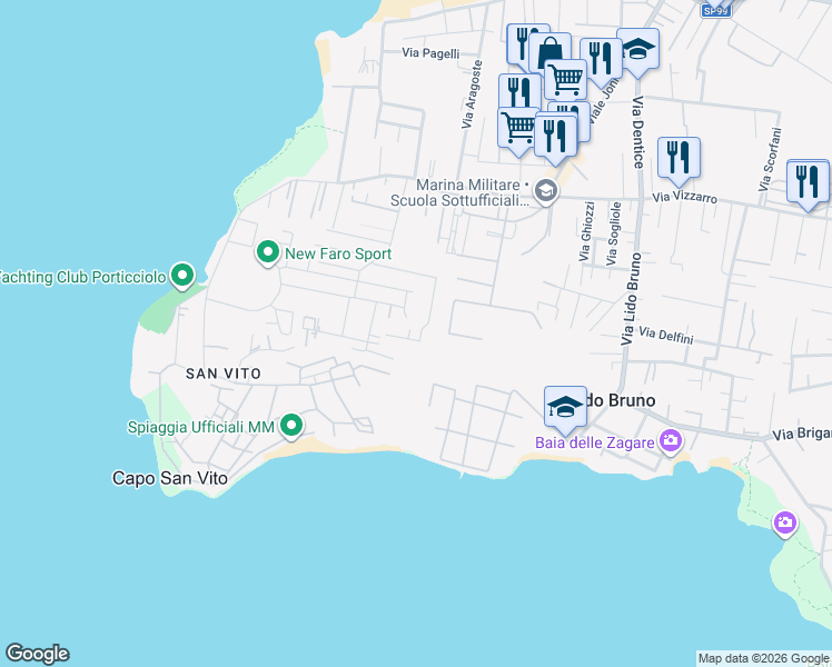 map of restaurants, bars, coffee shops, grocery stores, and more near 26 Via Calata Livezza in Taranto