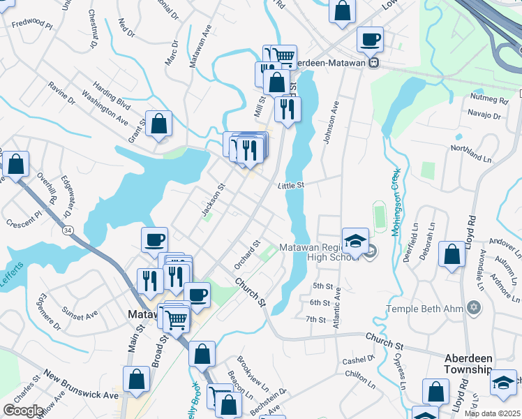 map of restaurants, bars, coffee shops, grocery stores, and more near 119 Broad Street in Matawan