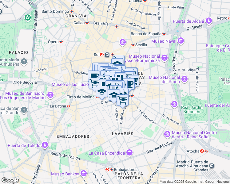 map of restaurants, bars, coffee shops, grocery stores, and more near 6 Calle de los Cañizares in Madrid