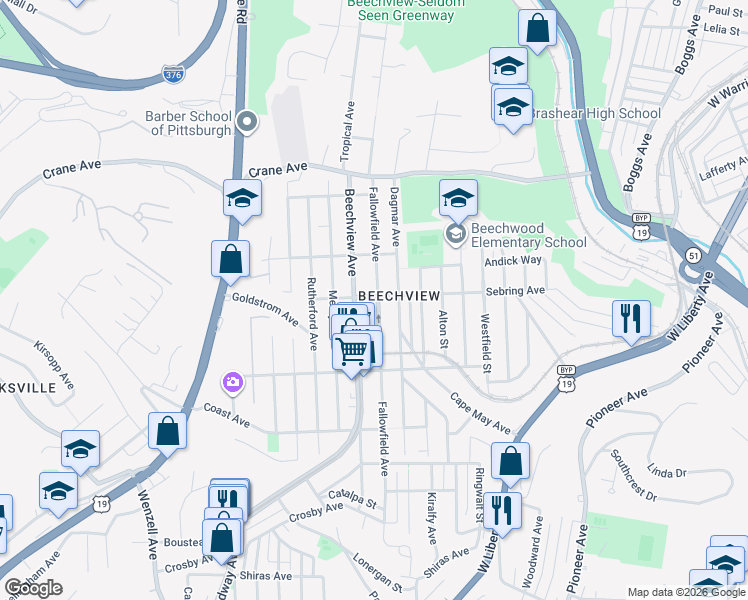 map of restaurants, bars, coffee shops, grocery stores, and more near in Pittsburgh