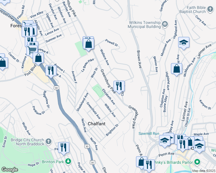 map of restaurants, bars, coffee shops, grocery stores, and more near 909 Greensburg Pike in East Pittsburgh