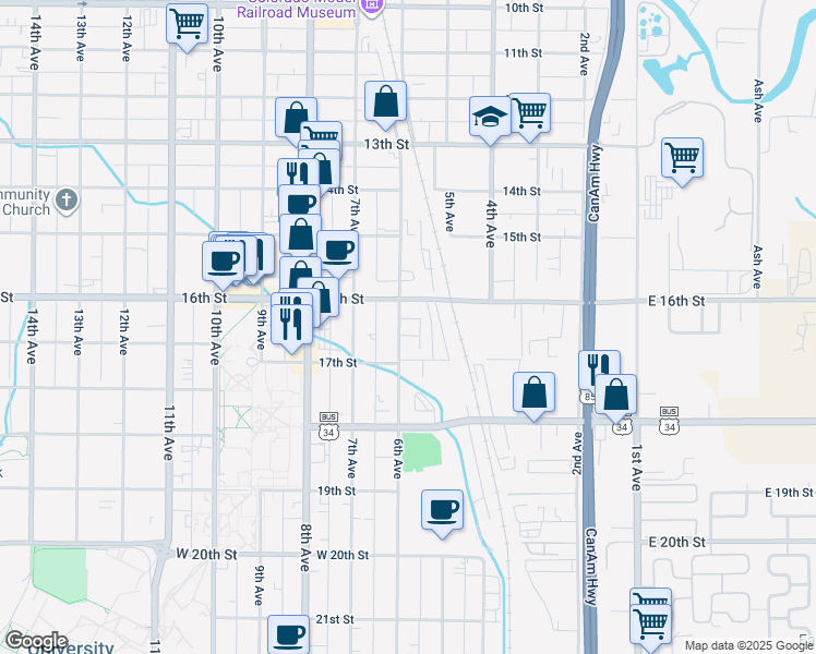 map of restaurants, bars, coffee shops, grocery stores, and more near 1626- 5 6th Avenue in Greeley