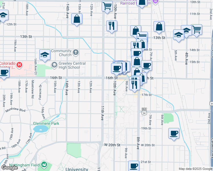 map of restaurants, bars, coffee shops, grocery stores, and more near 1617- 5 10th Avenue in Greeley