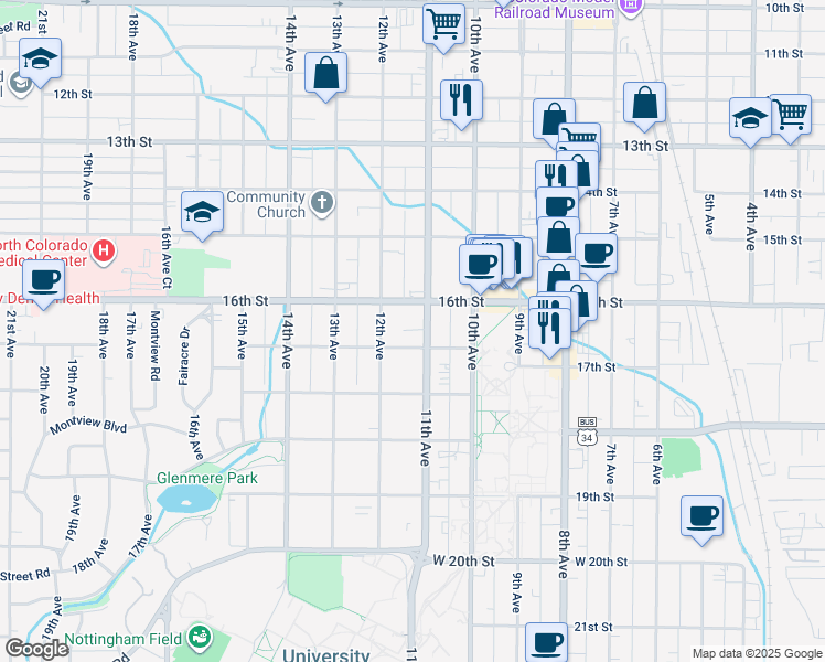 map of restaurants, bars, coffee shops, grocery stores, and more near 1617 11th Avenue in Greeley