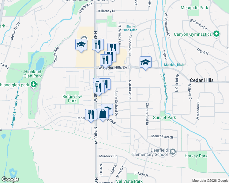 map of restaurants, bars, coffee shops, grocery stores, and more near 9961 North 4680 West in Cedar Hills