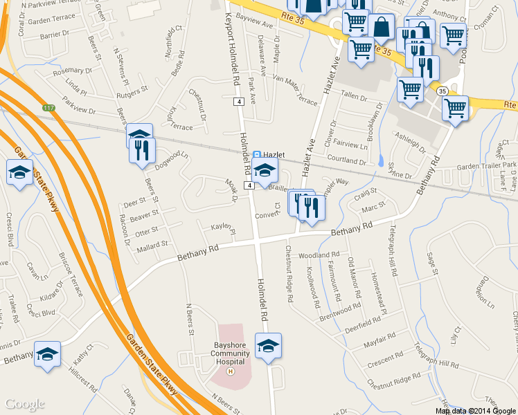 map of restaurants, bars, coffee shops, grocery stores, and more near 675 Holmdel Rd in Hazlet