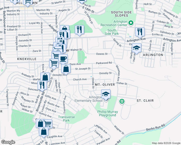 map of restaurants, bars, coffee shops, grocery stores, and more near 403 Ormsby Avenue in Pittsburgh