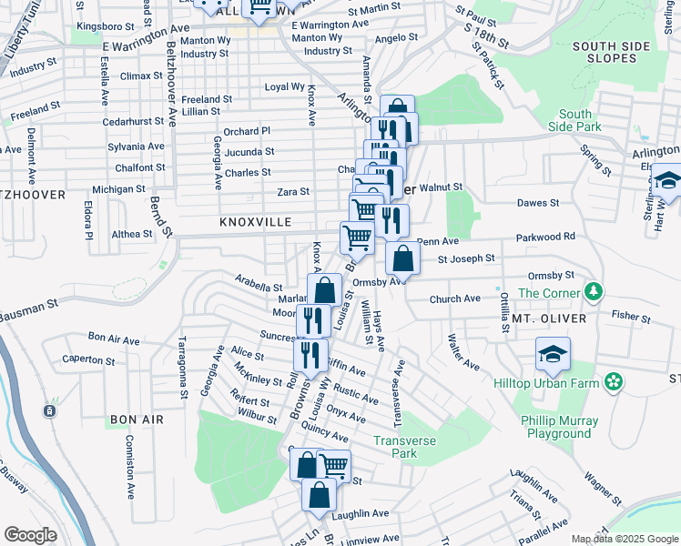 map of restaurants, bars, coffee shops, grocery stores, and more near 411 Brownsville Road in Pittsburgh
