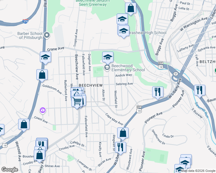 map of restaurants, bars, coffee shops, grocery stores, and more near 1400 Rockland Avenue in Pittsburgh