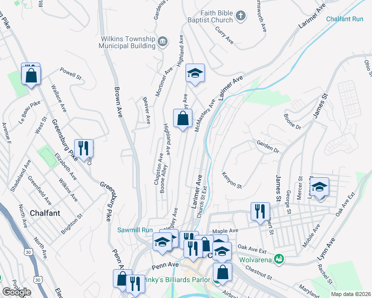 map of restaurants, bars, coffee shops, grocery stores, and more near 568 Negley Avenue in Turtle Creek
