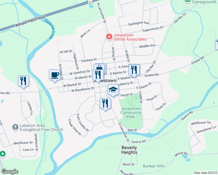 map of restaurants, bars, coffee shops, grocery stores, and more near 22 North Lancaster Street in Jonestown