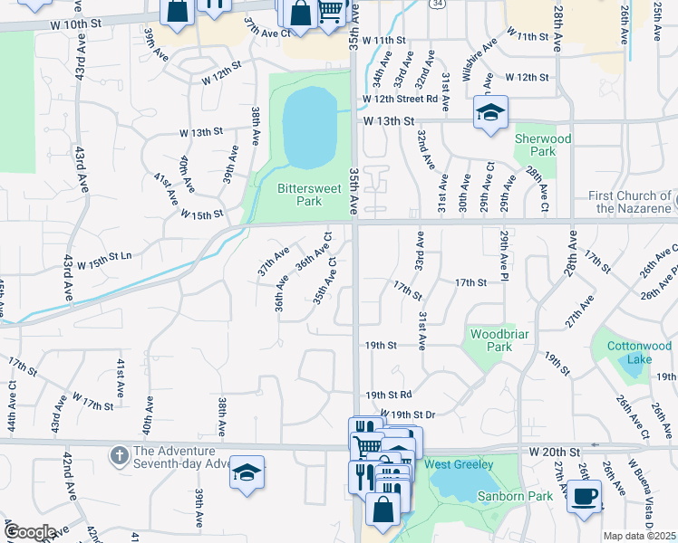 map of restaurants, bars, coffee shops, grocery stores, and more near 1642 35th Avenue Court in Greeley