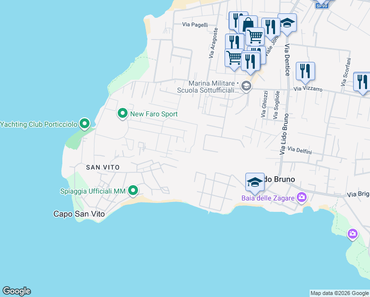 map of restaurants, bars, coffee shops, grocery stores, and more near 26 Via Calata Livezza in Taranto